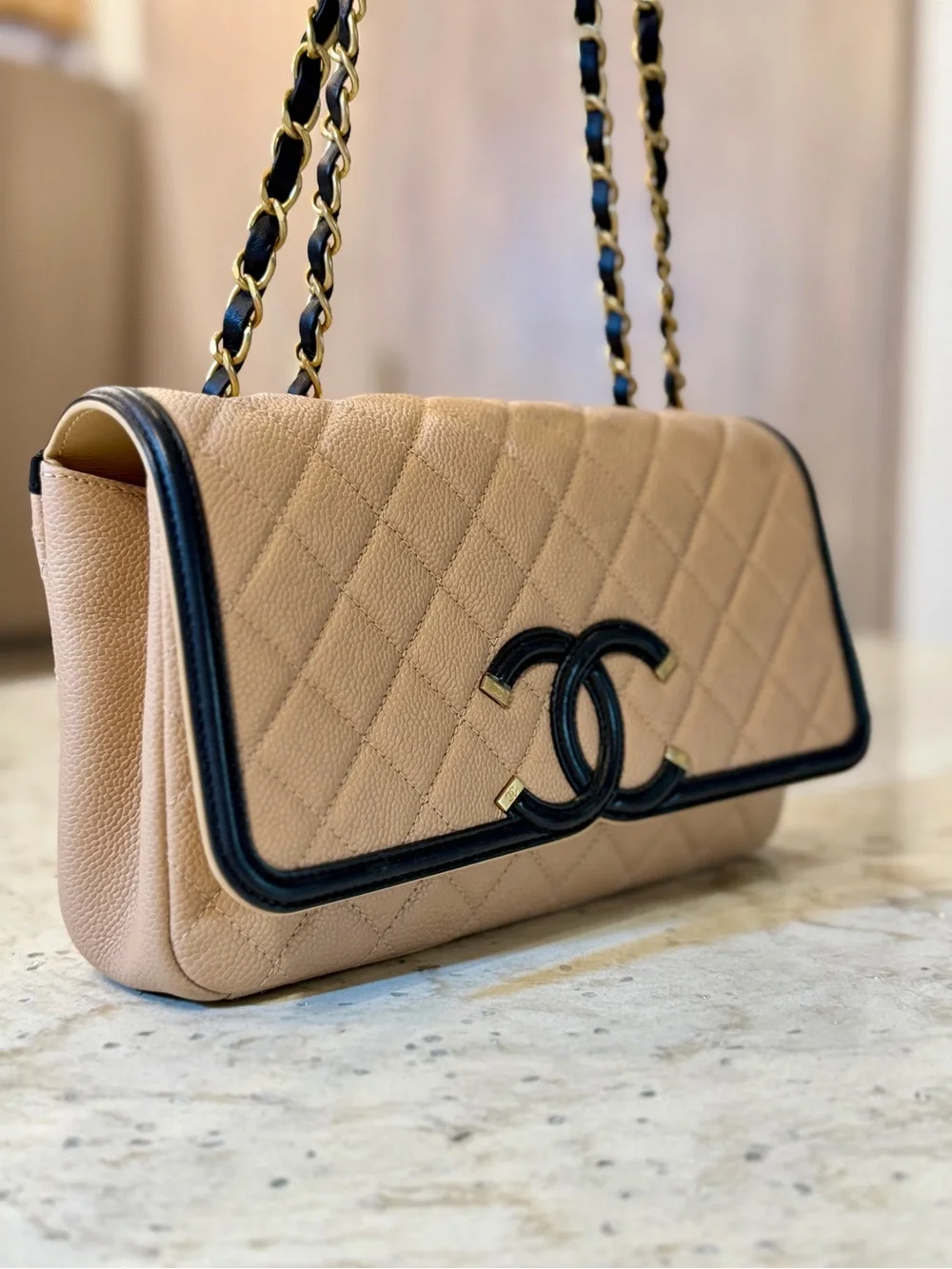 CHANEL Small CC Filigree Flap Bag Beige Black, Caviar Leather GHW